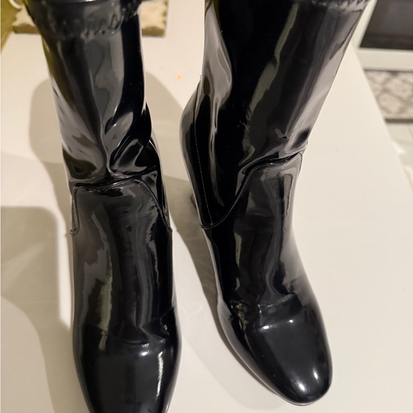 Glossy Patent Black Heeled Boots with Clear Block Heel - Picture 2 of 7